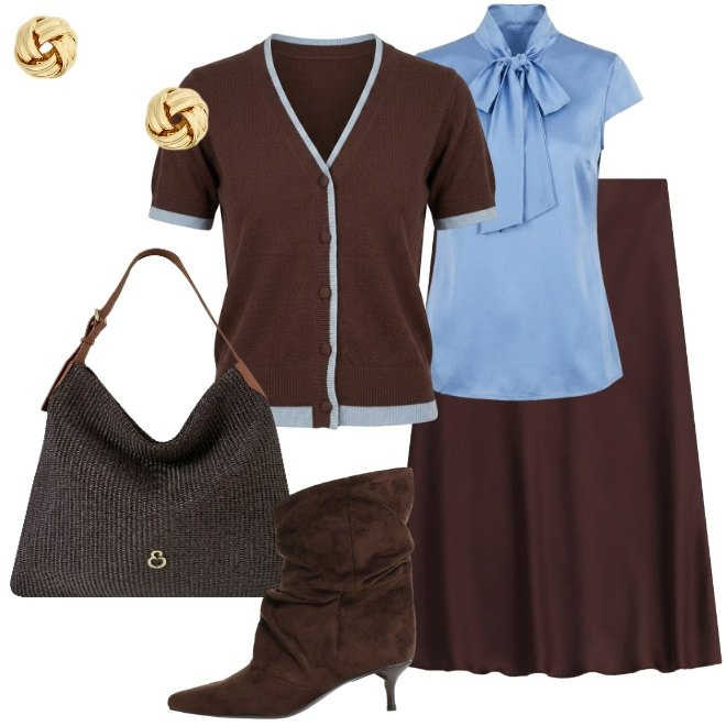 Outfit donna - Gonna midi. Stile Urban per Tutti i giorni. Abbinamento con stivali, gonne longuette, borse a spalla, orecchini, cardigans, camicie.