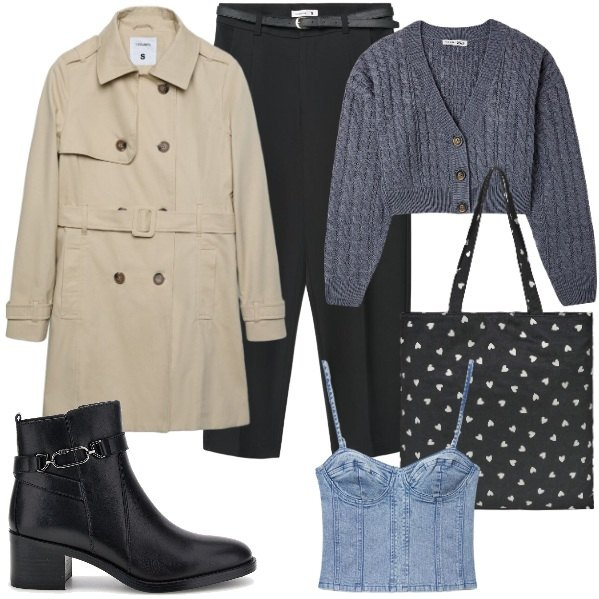 Outfit donna - Il rientro al lavoro Terranova. Stile Glamour per Ufficio. Abbinamento con cardigans, trench, top, borse tote, pantaloni chino, stivaletti.