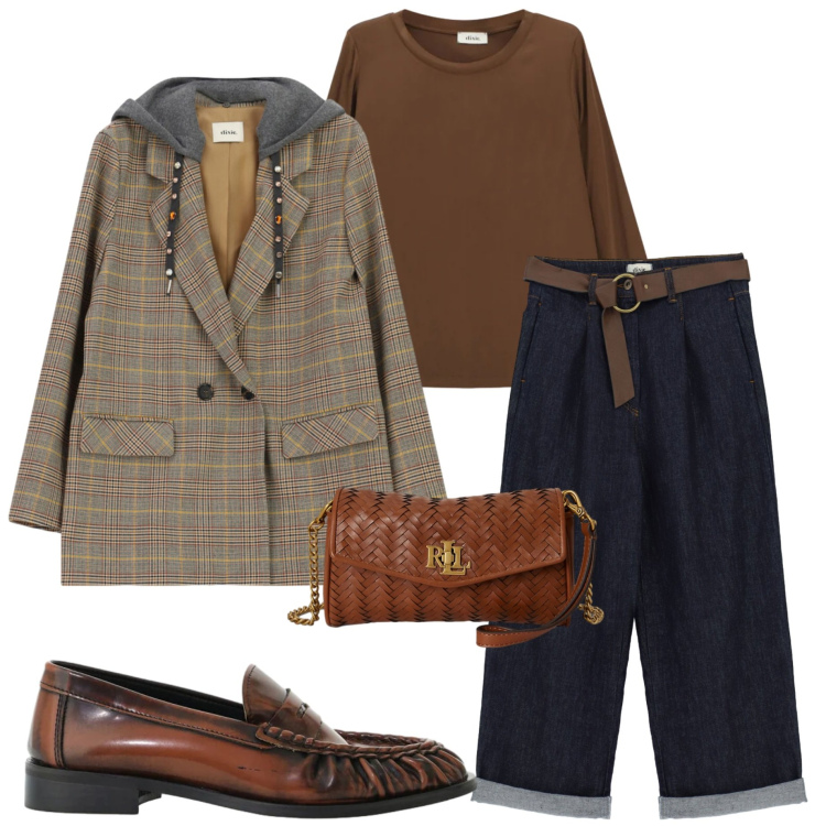 Outfit donna - Dark denim. Stile Casual chic per Tutti i giorni. Abbinamento con mocassini, jeans, blazer, t-shirt, portafogli.