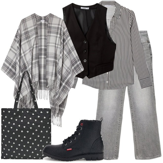 Outfit donna - Variazioni di grigio. Stile Casual per Scuola/Università. Abbinamento con gilet, borse tote, cappotti, camicie, jeans dritti, anfibi.
