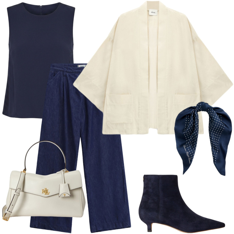 Outfit donna - Dark denim. Stile Casual chic per Serata fuori. Abbinamento con jeans, kimono, canottiere, foulard, stivaletti, borse a mano.