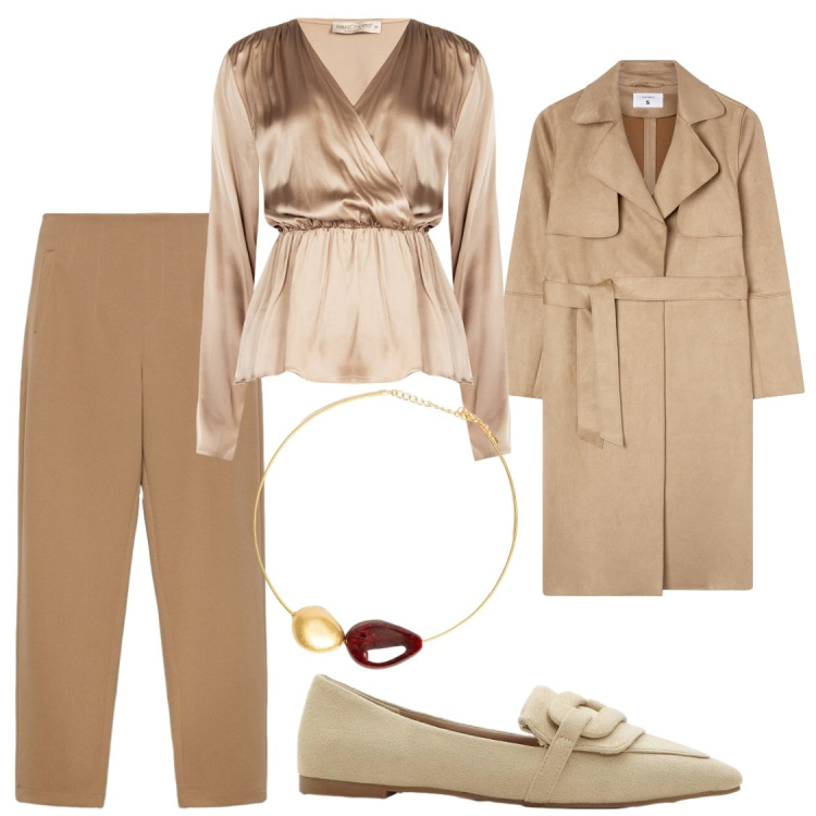 Outfit donna - Ufficio o serata fuori. Stile Chic per Ufficio. Abbinamento con mocassini, pantaloni, trench, bluse, collane.