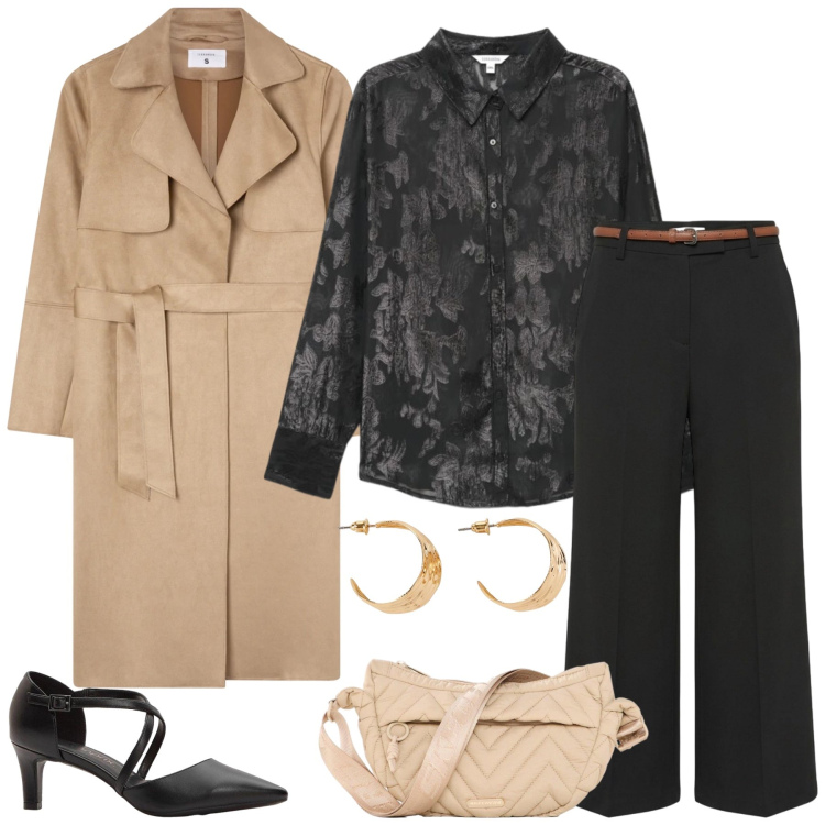 Outfit donna - Total look #2472661. Stile Casual chic per Tutti i giorni. Abbinamento con décolleté, orecchini, marsupi, camicie, trench, pantaloni.