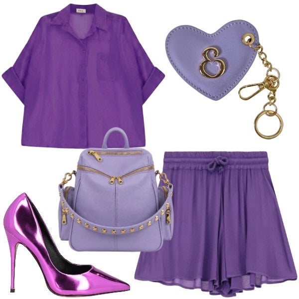 Outfit donna - French violet. Stile Glamour per Serata fuori. Abbinamento con décolleté, minigonne, camicie a manica corta, zaini, portachiavi.