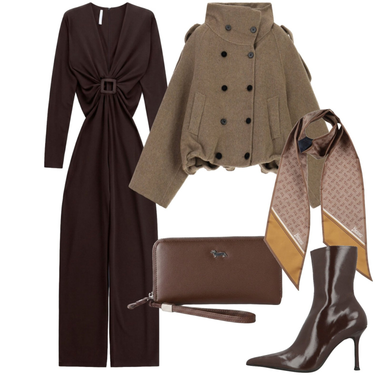 Outfit donna - Jumpsuit e tacchi. Stile Glamour per Serata fuori. Abbinamento con sciarpe, stivaletti, portafogli, bomber, tute.