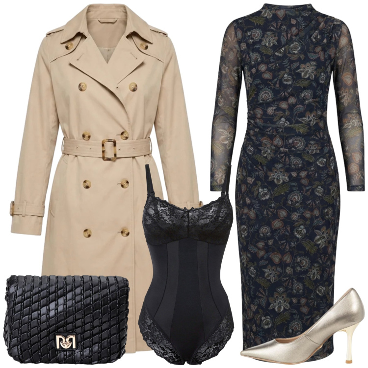 Outfit donna - Total look #2472665. Stile Chic per Tutti i giorni. Abbinamento con body, borse a tracolla, décolleté, vestiti midi/longuette, trench.