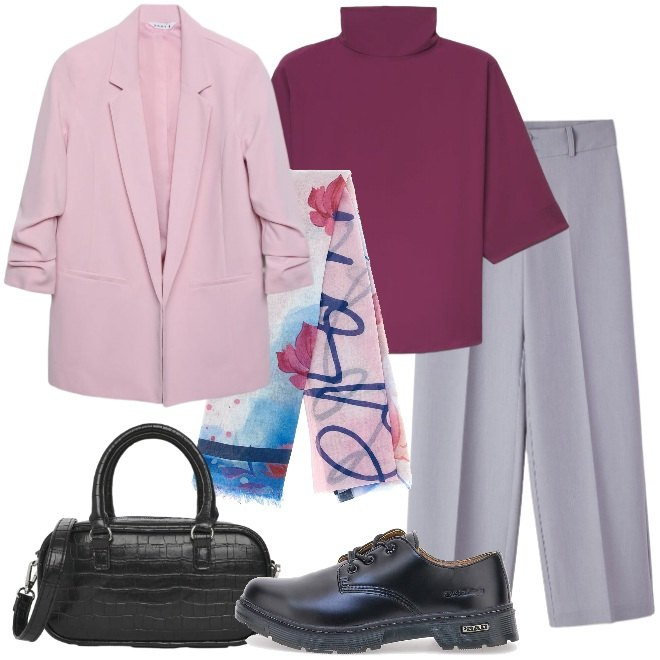 Outfit donna - Grigio e toni di rosa. Stile Urban per Ufficio. Abbinamento con blazer, borse a tracolla, bluse, pantaloni, foulard, scarpe stringate.