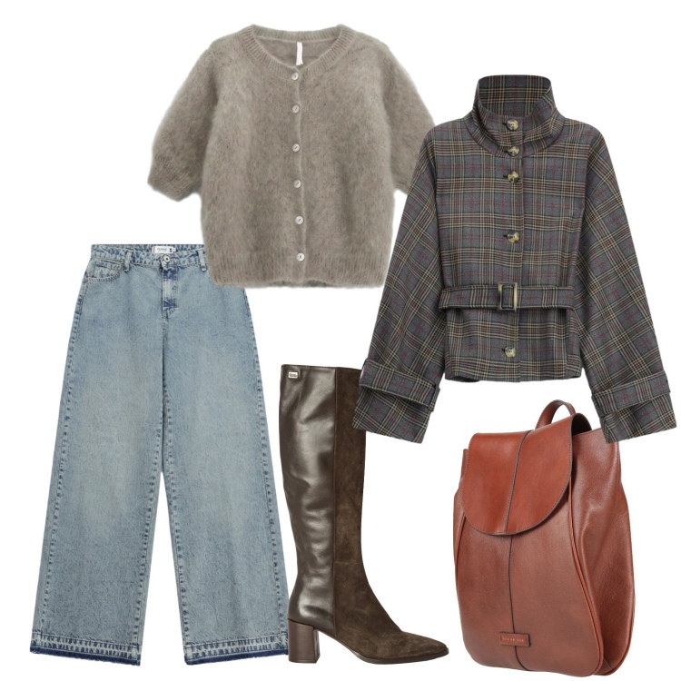 Outfit donna - Look del venerdì. Stile Casual chic per Ufficio. Abbinamento con zaini, stivali, cappotti, cardigans, jeans dritti.