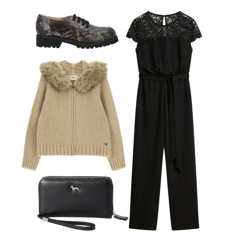 Outfit donna - La stringata pitonata. Stile Casual chic per Tutti i giorni. Abbinamento con scarpe stringate, tute, portafogli, cardigans.