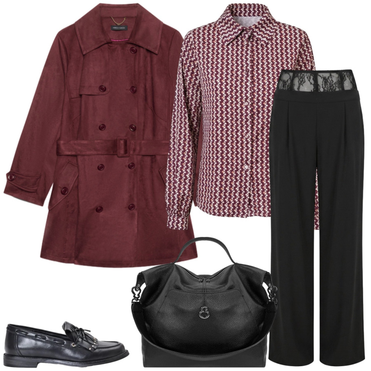Outfit donna - Total look #2472669. Stile Minimal per Ufficio. Abbinamento con pantaloni a palazzo, mocassini, camicie, trench, borse a spalla.