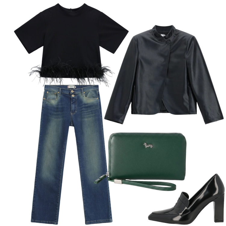 Outfit donna - Pranzo con le colleghe. Stile Casual chic per Ufficio. Abbinamento con mocassini, portafogli, t-shirt, jeans slim fit, blazer.