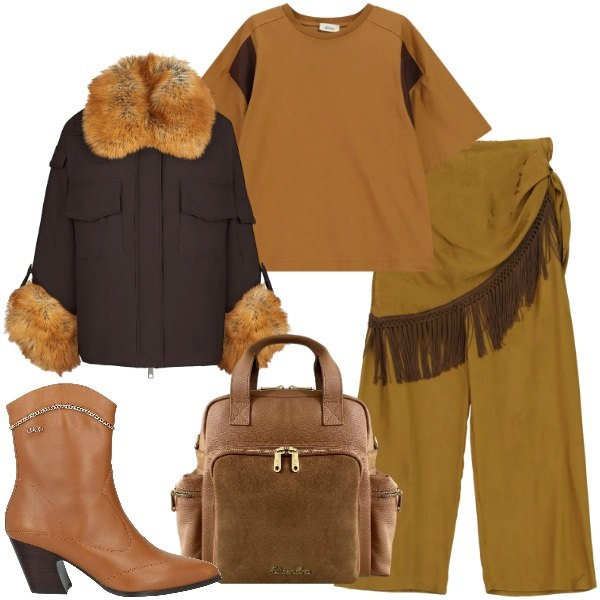 Outfit donna - Ocra. Stile Urban per Tutti i giorni. Abbinamento con stivaletti, pantaloni a palazzo, t-shirt, blazer, zaini.