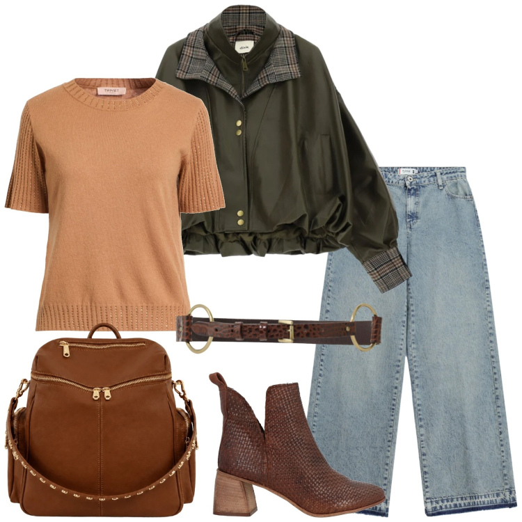 Outfit donna - Total look #2472673. Stile Trendy per Tutti i giorni. Abbinamento con pullovers, stivaletti, jeans dritti, cinture, giacche, zaini.
