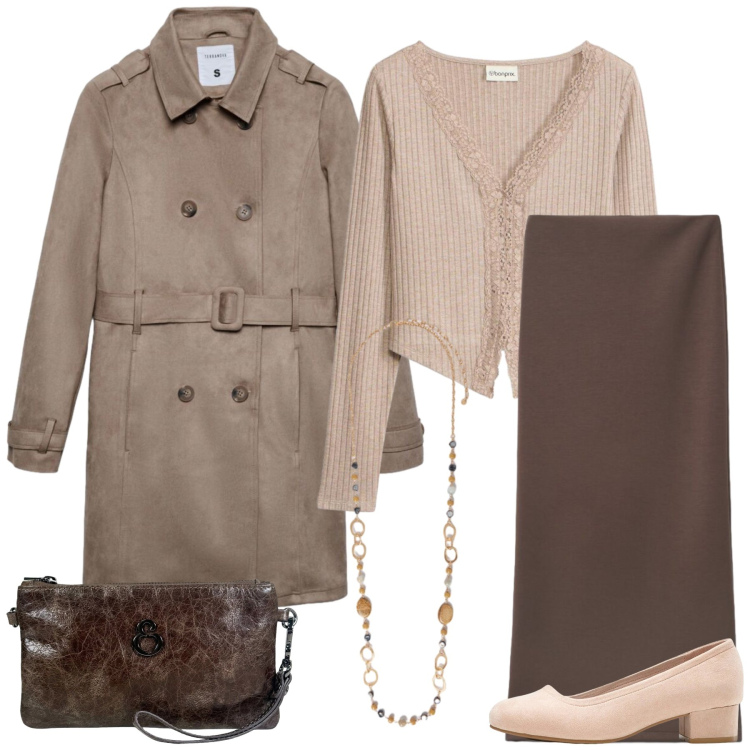 Outfit donna - Total look #2472675. Stile Casual chic per Tutti i giorni. Abbinamento con décolleté, t-shirt, gonne lunghe, trench, collane, pochette.