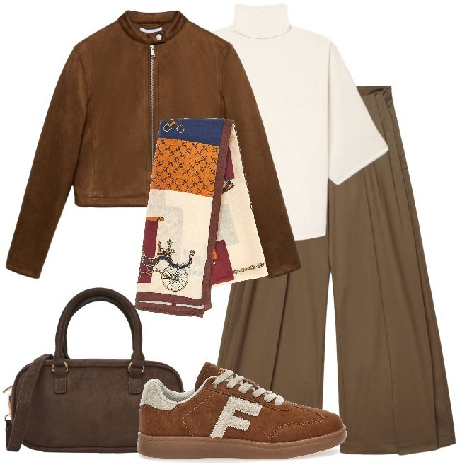Outfit donna - Sneakers a settembre. Stile Casual chic per Tutti i giorni. Abbinamento con giacche, pantaloni a palazzo, bluse, borse a tracolla, sneakers, foulard.