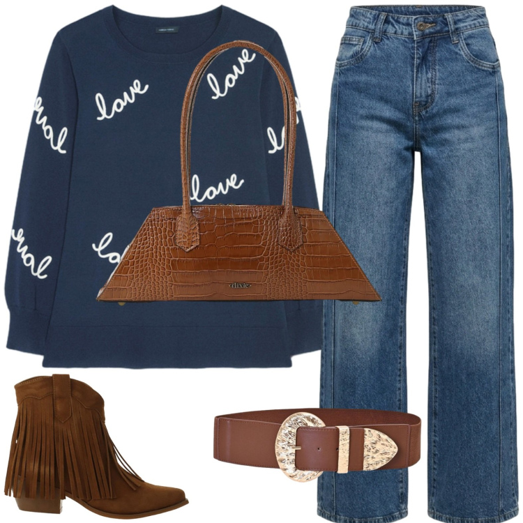 Outfit donna - Denim e terracotta. Stile Urban per Tutti i giorni. Abbinamento con stivaletti texani, borse a spalla, cinture, maglieria, jeans.