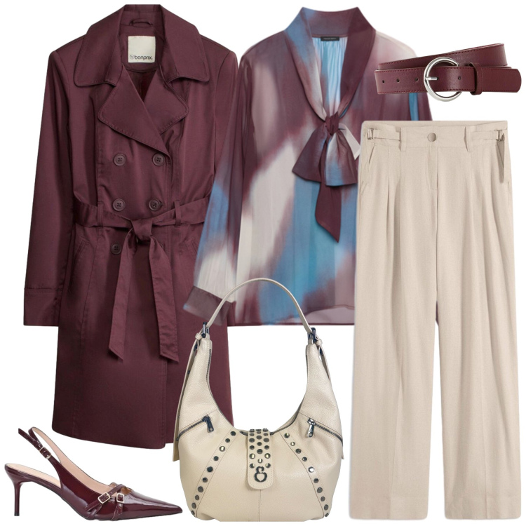 Outfit donna - Total look #2472678. Stile Chic per Tutti i giorni. Abbinamento con trench, pantaloni a palazzo, cinture, décolleté, bluse, borse a spalla.