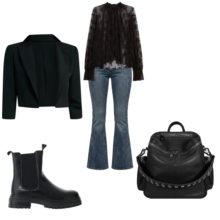 Outfit donna - Total look #2472679. Stile Casual per Tutti i giorni. Abbinamento con zaini, bluse, stivaletti chelsea, bolero, jeans a zampa.