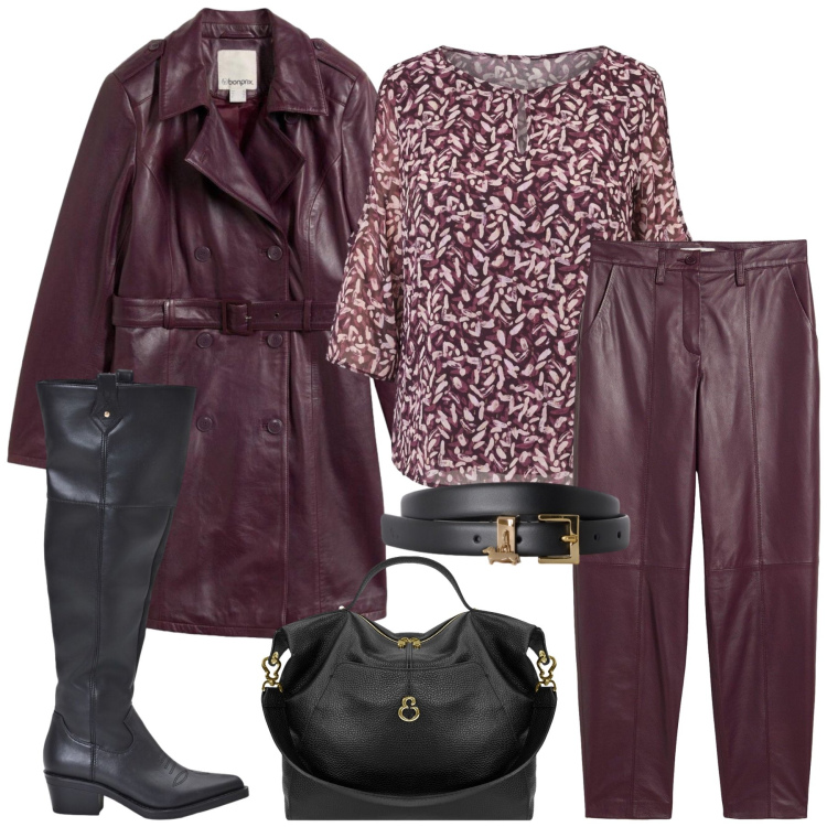 Outfit donna - Total look #2472680. Stile Rock per Tutti i giorni. Abbinamento con pantaloni, trench, cinture, bluse, stivali, borse a spalla.