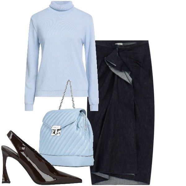 Outfit donna - Azzurro polvere. Stile Trendy per Ufficio. Abbinamento con zaini, maglieria, décolleté, gonne longuette.