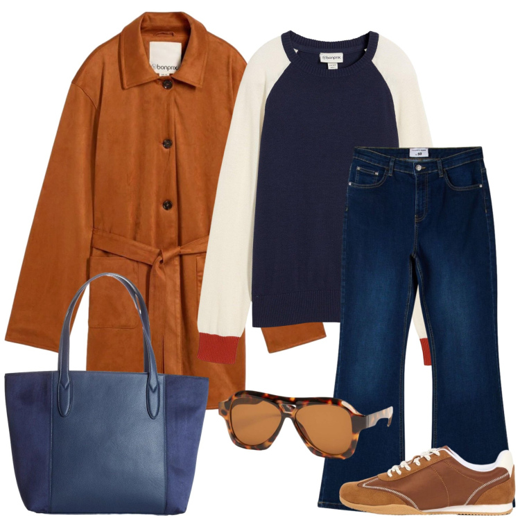 Outfit donna - Total look #2472682. Stile Casual chic per Tutti i giorni. Abbinamento con sneakers, maglieria, trench, shopping bag, jeans a zampa, occhiali da sole.