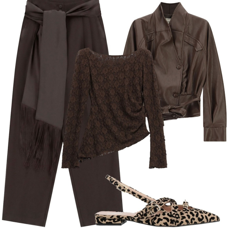 Outfit donna - Pizzo , pelle e animalier. Stile Glamour per Serata fuori. Abbinamento con ballerine, pantaloni a palazzo, t-shirt, giacche.