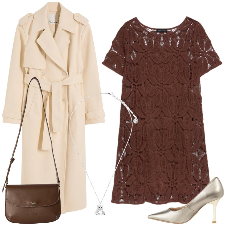Outfit donna - Total look #2472685. Stile Chic per Serata fuori. Abbinamento con trench, borse a tracolla, ciondoli, décolleté, vestiti corti.