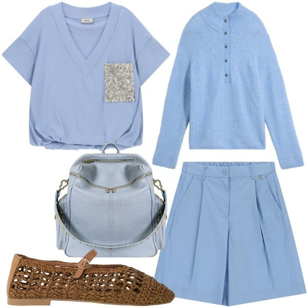 Outfit donna - Azzurro polvere. Stile Urban per Tutti i giorni. Abbinamento con pullovers, t-shirt, ballerine, bermuda, zaini.
