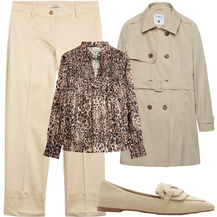 Outfit donna - In ufficio. Stile Chic per Ufficio. Abbinamento con pantaloni chino, bluse, mocassini, trench.