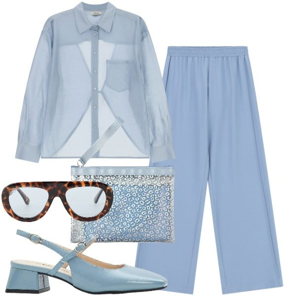 Outfit donna - Azzurro polvere. Stile Urban per Tutti i giorni. Abbinamento con décolleté, pochette, pantaloni a palazzo, occhiali da sole, camicie.
