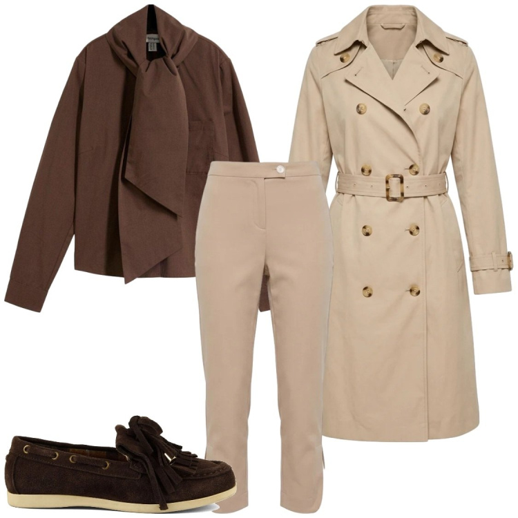 Outfit donna - Total look #2472691. Stile Chic per Ufficio. Abbinamento con bluse, pantaloni, trench, mocassini.