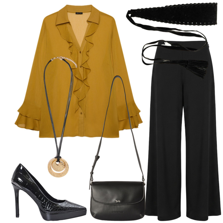 Outfit donna - Total look #2472692. Stile Chic per Serata fuori. Abbinamento con borse a tracolla, décolleté, bluse, ciondoli, pantaloni a palazzo, cinture.