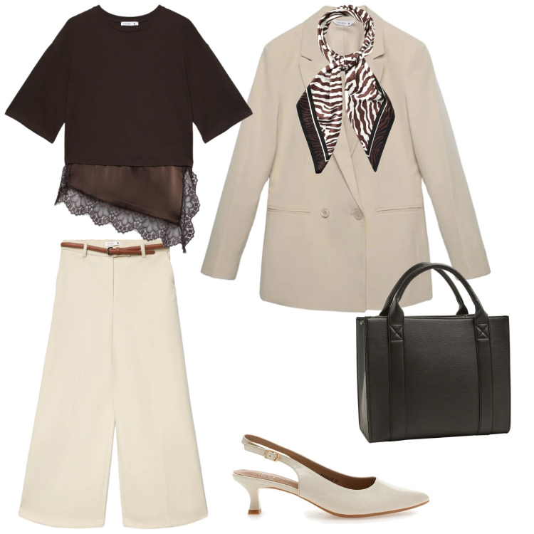 Outfit donna - Rientra con stile e comodità. Stile Casual chic per Tutti i giorni. Abbinamento con t-shirt, blazer, foulard, pantaloni, borse tote, décolleté.