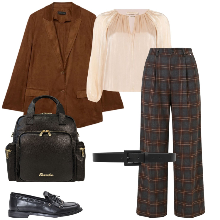 Outfit donna - Total look #2472694. Stile Casual chic per Tutti i giorni. Abbinamento con pantaloni a palazzo, bluse, mocassini, cinture, blazer, zaini.