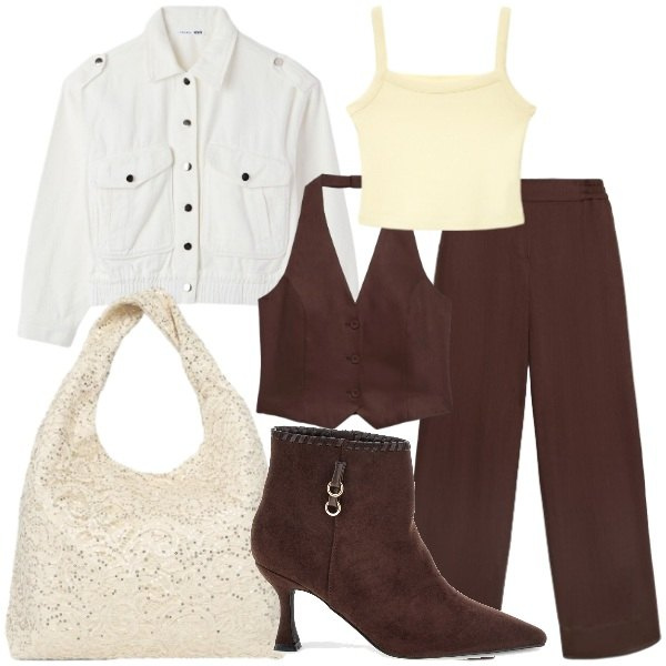 Outfit donna - Total look #2472714. Stile Glamour per Ufficio. Abbinamento con canottiere, borse a spalla, cappotti, gilet, pantaloni, stivaletti.