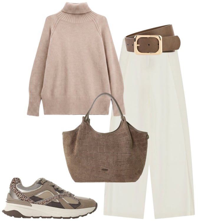 Outfit donna - City. Stile Casual chic per Tutti i giorni. Abbinamento con cinture, pullovers, sneakers, pantaloni a palazzo, borse a spalla.