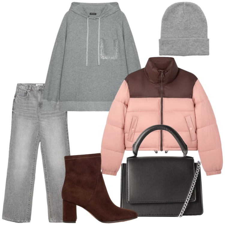 Outfit donna - Piumino urban. Stile Glamour per Tutti i giorni. Abbinamento con stivaletti, borse a tracolla, berretti, jeans dritti, piumini, felpe.