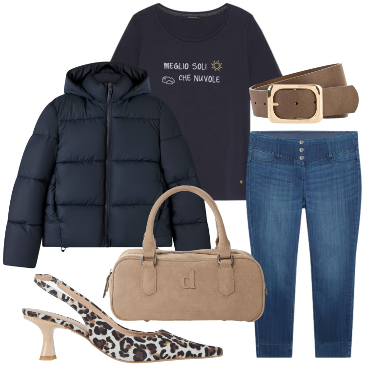 Outfit donna - Guardaroba trendy. Stile Casual per Ufficio. Abbinamento con décolleté, cinture, bomber, borse a mano, jeggings, t-shirt.