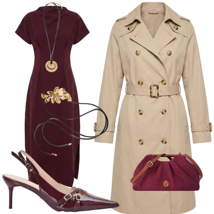 Outfit donna - Trench con toni del bordeaux. Stile Chic per Serata fuori. Abbinamento con décolleté, ciondoli, clutch, vestiti lunghi, trench, cinture.