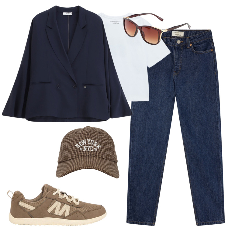 Outfit donna - City. Stile Casual chic per Tutti i giorni. Abbinamento con occhiali da sole, sneakers, cappelli con visiera, jeans mom, t-shirt, blazer.