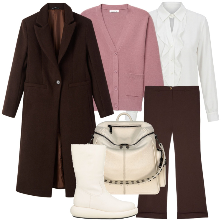 Outfit donna - Ossessione cappotto. Stile Casual per Tutti i giorni. Abbinamento con stivali, cardigans, cappotti, camicie, pantaloni, zaini.
