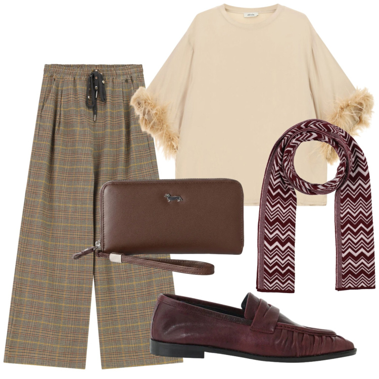 Outfit donna - Total look #2472729. Stile Chic per Serata fuori. Abbinamento con sciarpe, portafogli, mocassini, pantaloni a palazzo, top.