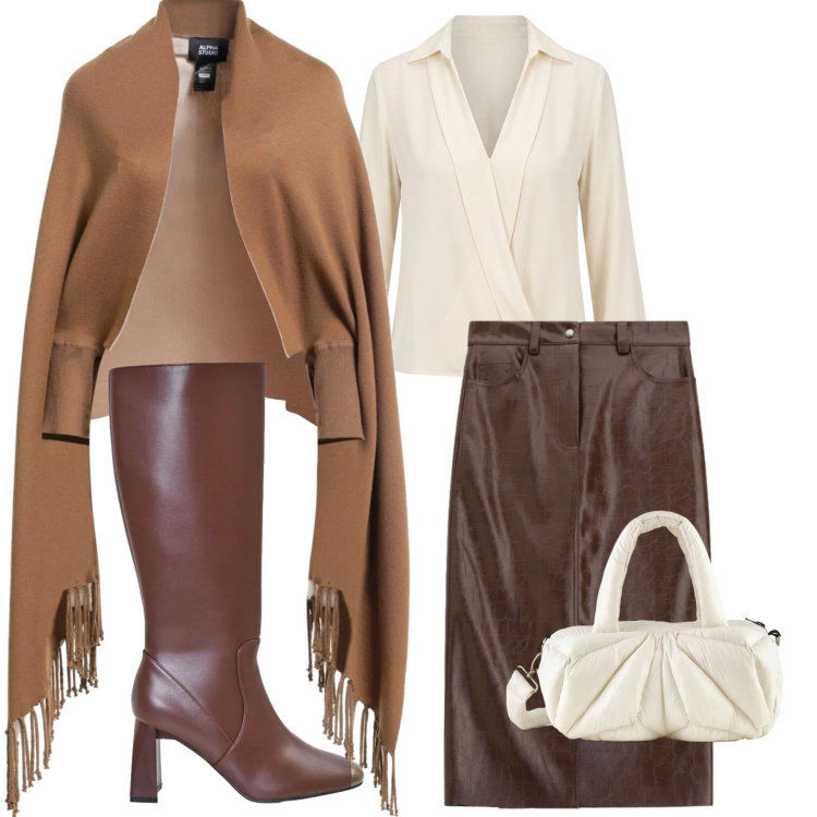 Outfit donna - Sfumature cammello e cioccolato. Stile Casual chic per Ufficio. Abbinamento con cappe, gonne longuette, bluse, stivali sopra il ginocchio, borse a mano.