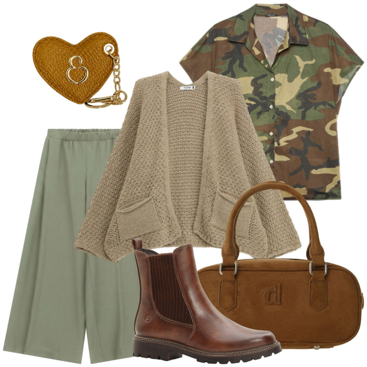 Outfit donna - Borsa istrionica. Stile Casual per Tutti i giorni. Abbinamento con stivaletti, pantaloni a palazzo, cardigans, borse a mano, camicie a manica corta, portachiavi.