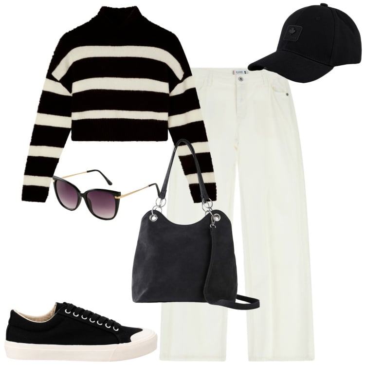 Outfit donna - Fall. Stile Casual chic per Tutti i giorni. Abbinamento con borse a mano, occhiali da sole, sneakers, maglieria, pantaloni, cappelli con visiera.