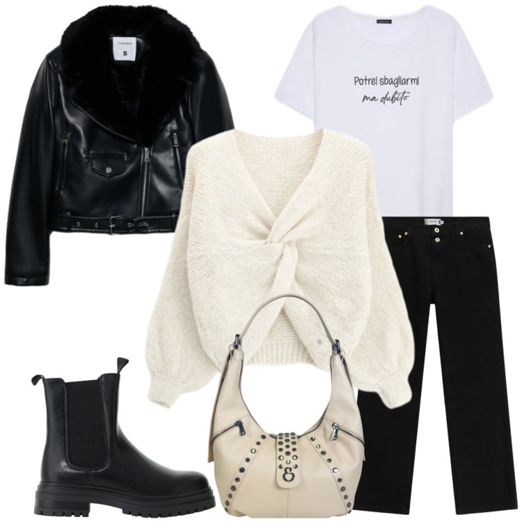 Outfit donna - Rock easy. Stile Rock per Serata fuori. Abbinamento con stivaletti chelsea, blazer, maglieria, pantaloni, t-shirt, borse a spalla.