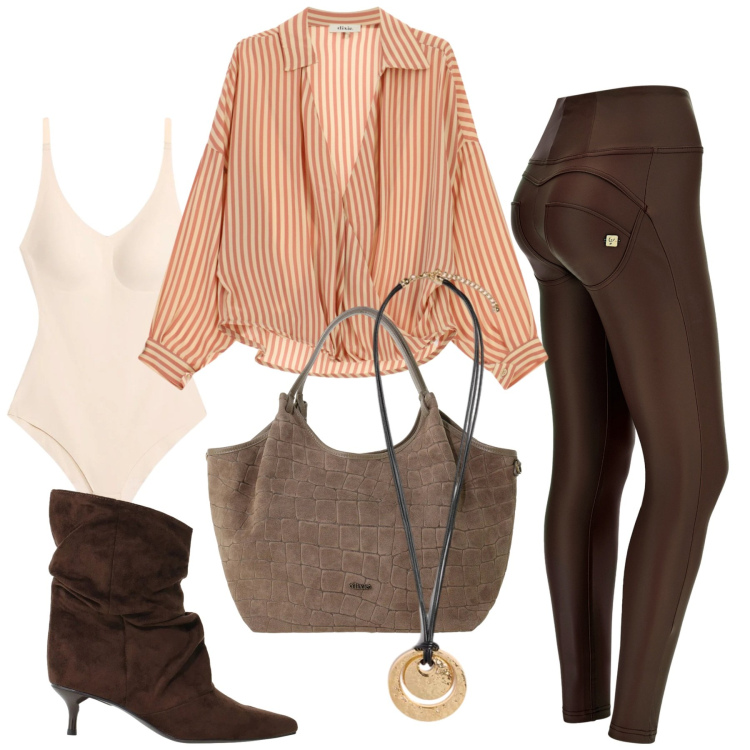 Outfit donna - Total look #2472736. Stile Trendy per Serata fuori. Abbinamento con body, pantaloni skinny, stivali, borse a spalla, camicie, ciondoli.
