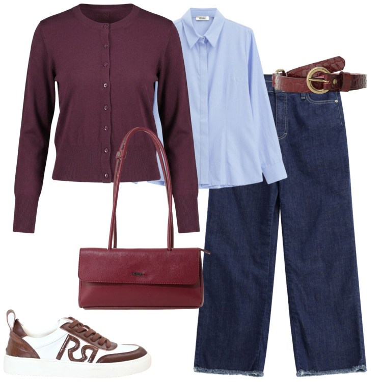 Outfit donna - Fall. Stile Casual chic per Tutti i giorni. Abbinamento con jeans dritti, camicie, borse a spalla, cinture, cardigans, sneakers.