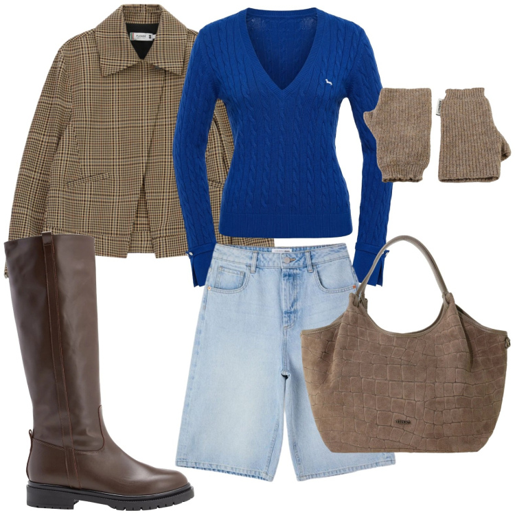 Outfit donna - Stile urban. Stile Glamour per Tutti i giorni. Abbinamento con stivali, pullovers, bermuda, borse a spalla, cappotti, guanti.
