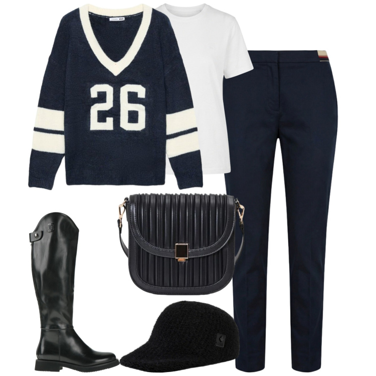 Outfit donna - Weekend. Stile Casual chic per Tutti i giorni. Abbinamento con stivali, pantaloni chino, t-shirt, maglieria, borse a tracolla, cappelli con visiera.